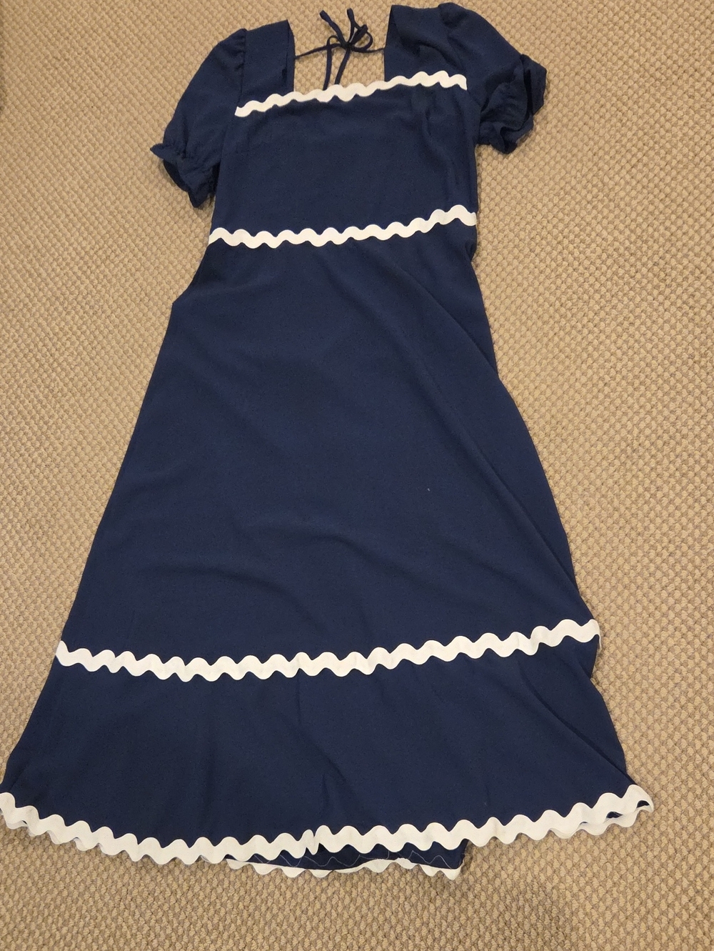 BTFBM Navy Dress w/ White Rickrack Trim Casual Puff Sleeve, Smocked Back, Sz XL
